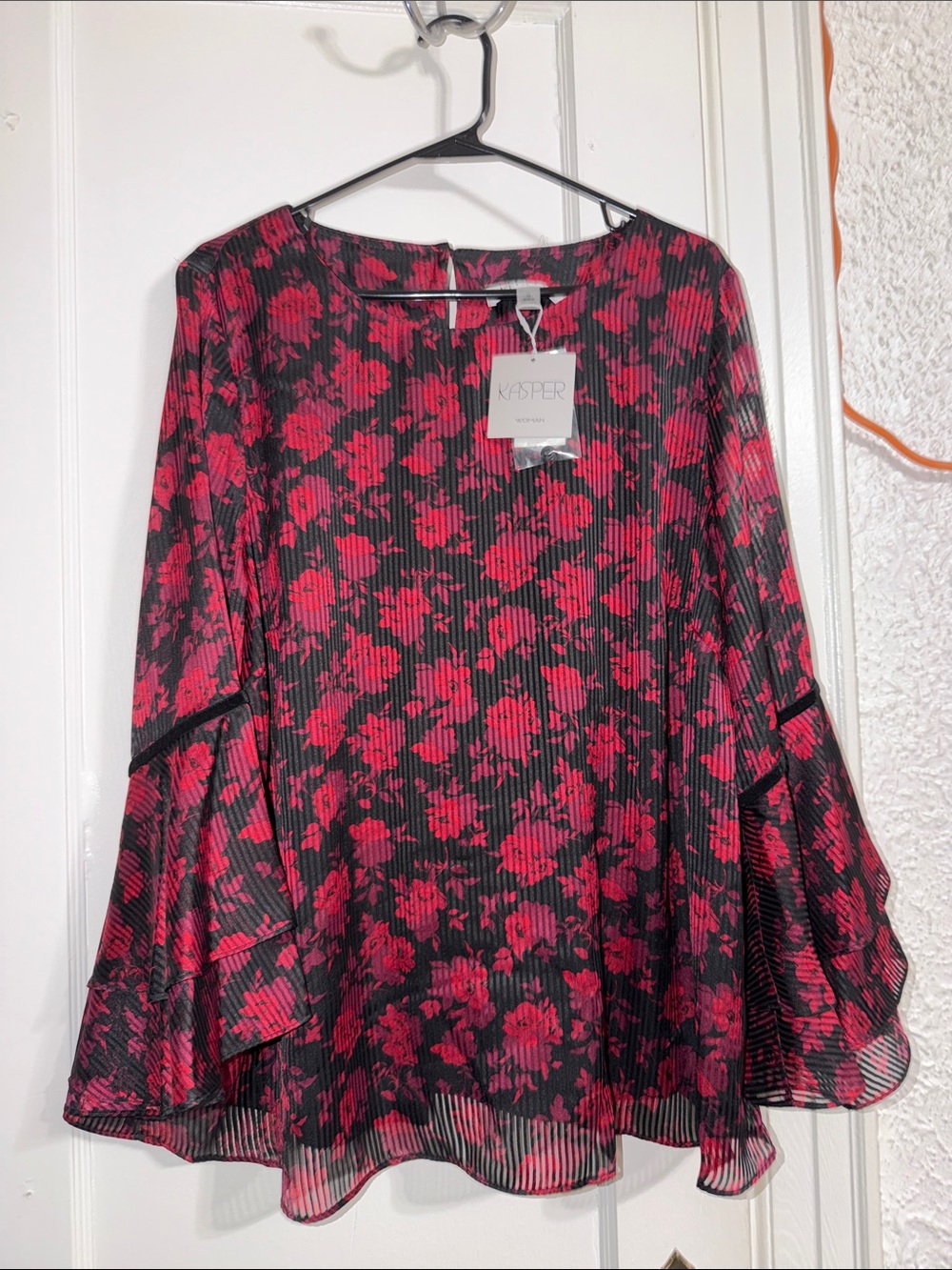 Kasper Black Floral Pleated Bell-Sleeve Blouse with Red Print
